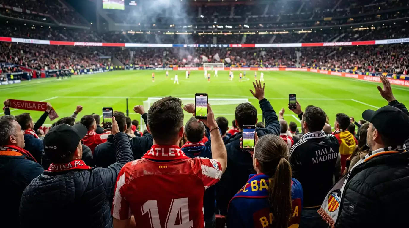 Aficionados viendo partido de fútbol en estadio con smartphones en mano consultando cuotas en tiempo real