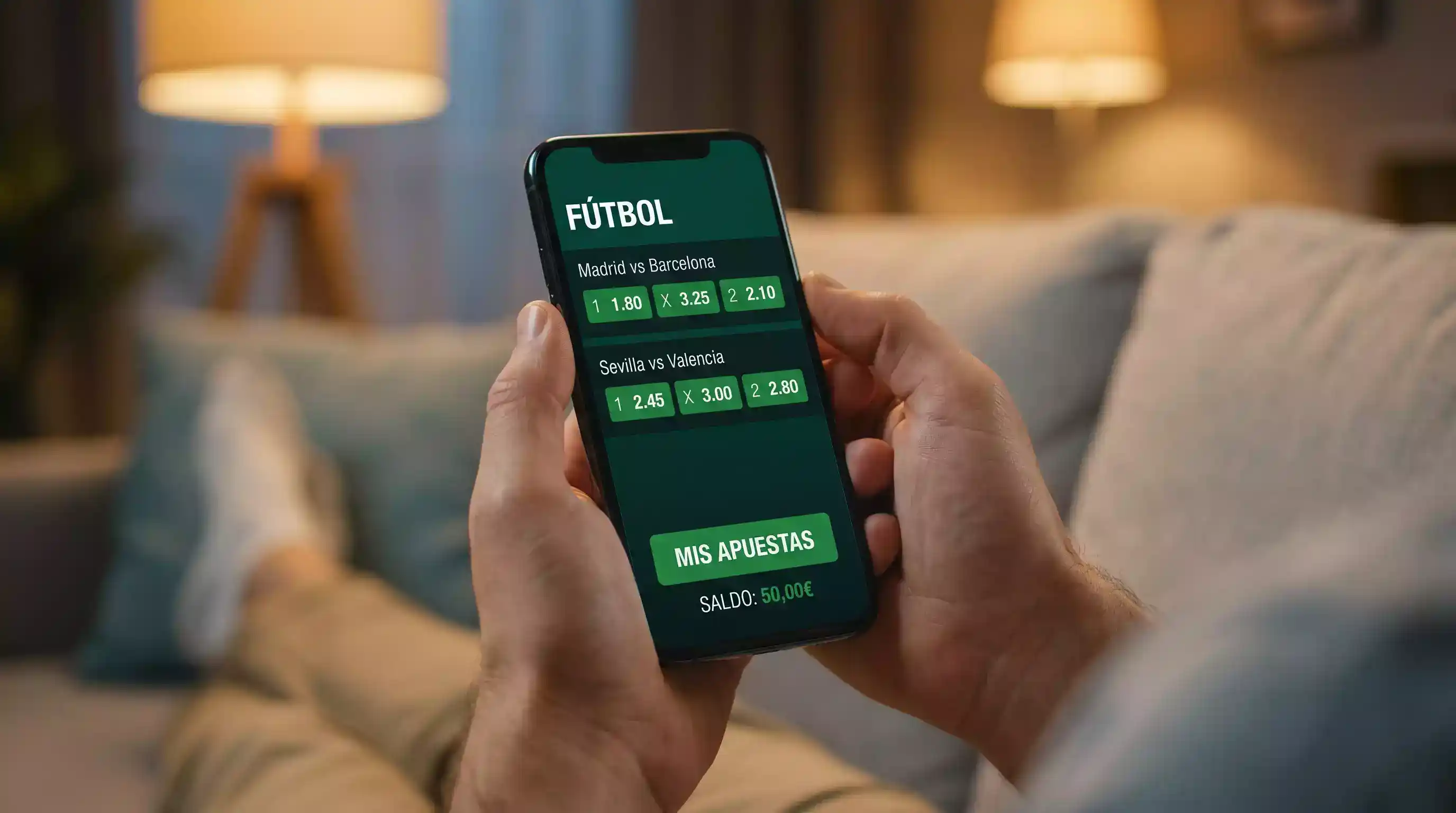 Persona apostando desde smartphone con pantalla de cuotas de fútbol en directo