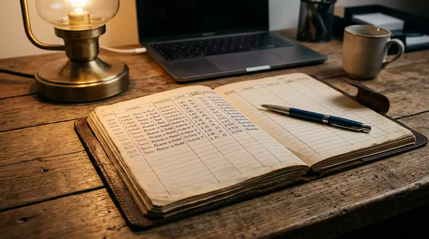 Cuaderno con registro de apuestas y porcentajes de stake junto a bolígrafo sobre escritorio