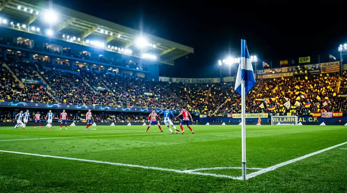 Estadio de fútbol iluminado durante un partido nocturno con gráficos de análisis de cuotas superpuestos